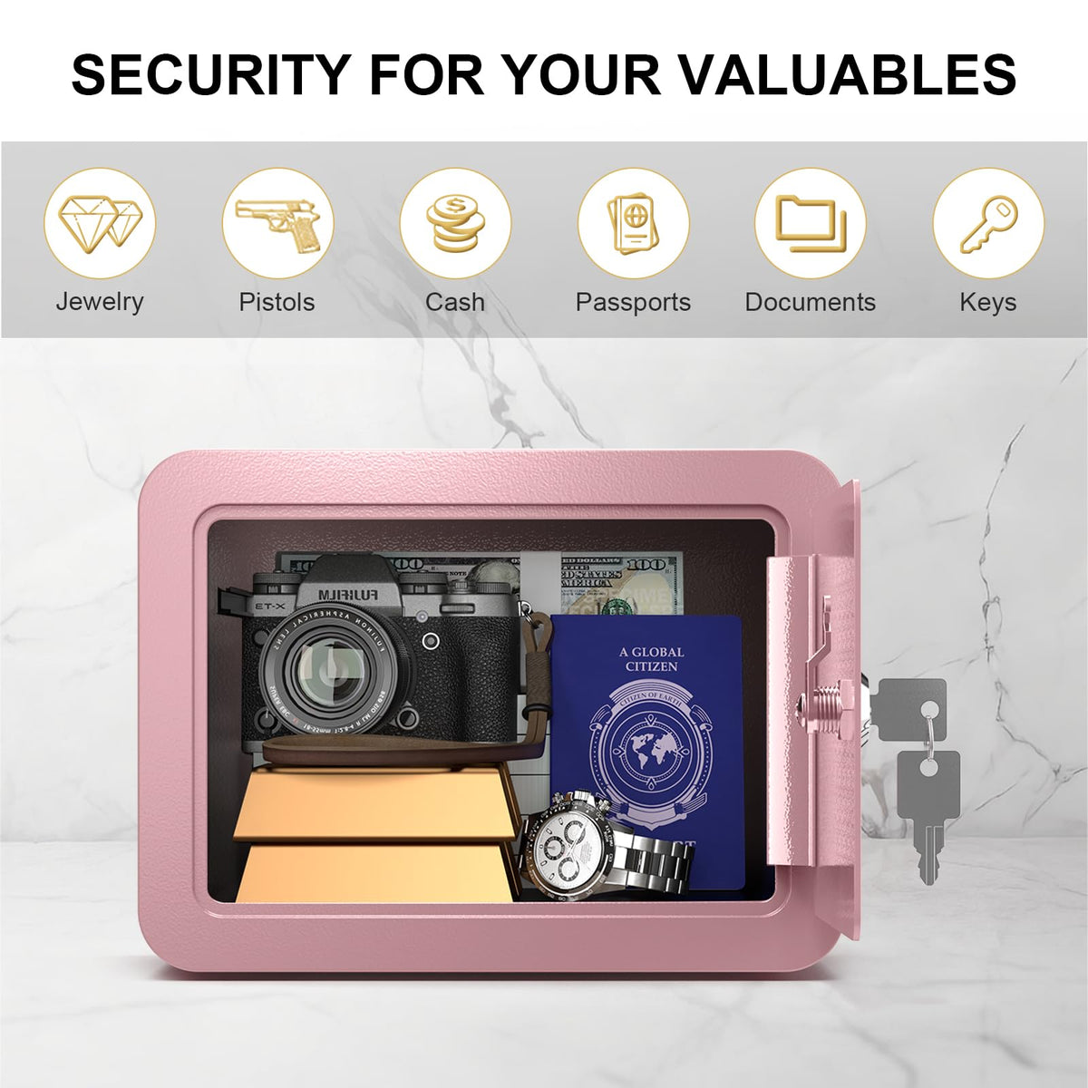 Marcree pink safe back view with mounting holes enables quick installation