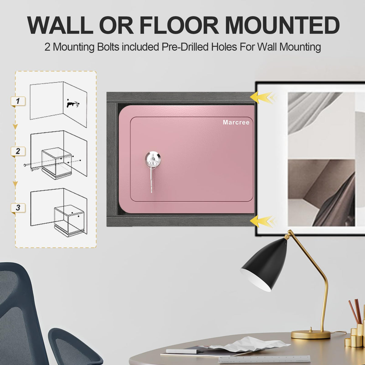 Marcree pink safe contents include keys, bolts, and floor mat for quick setup