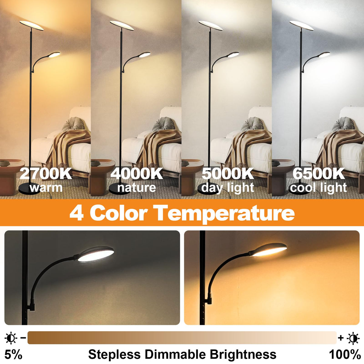 Marctronic floor lamp reading-light bend enables precise task lighting.