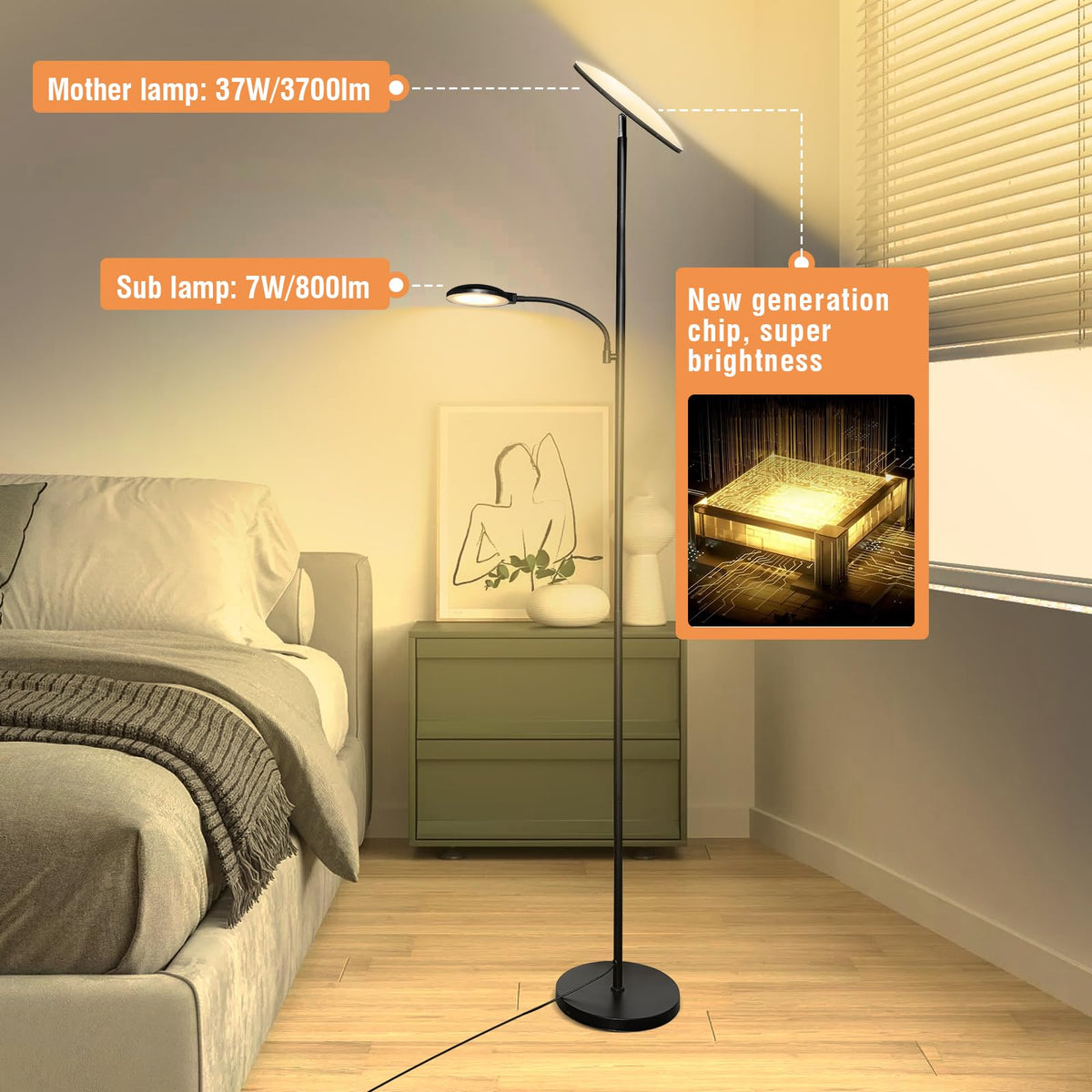 Marctronic floor lamp remote-control design for convenient operation from anywhere.