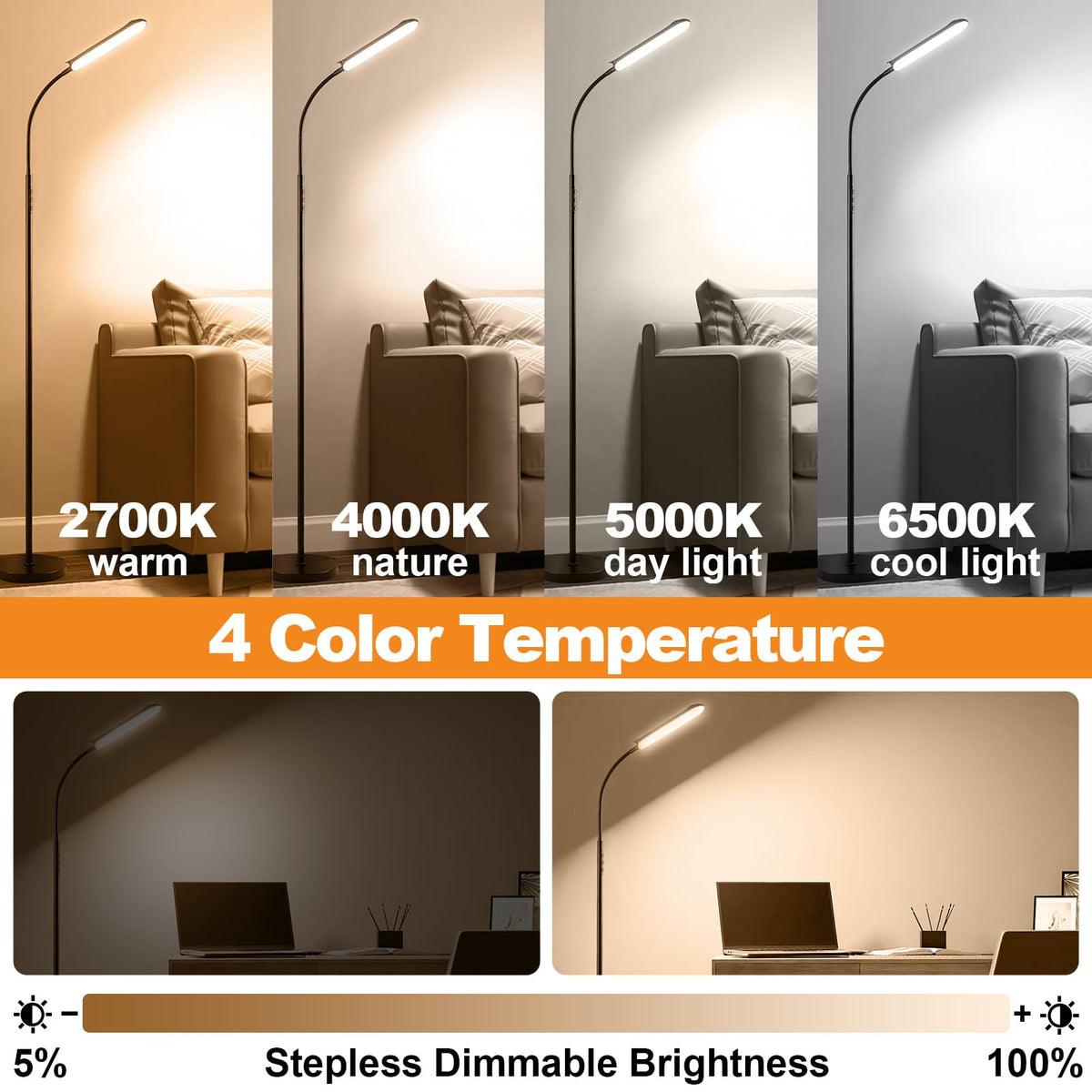 Marctronic floor lamp in smart home setup with plug compatibility.