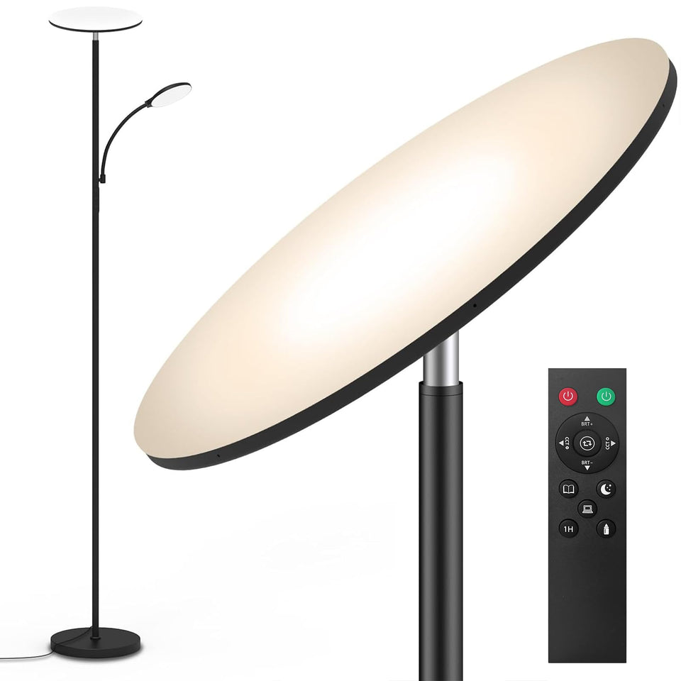 Marctronic floor lamp with wide-illumination for bright, glare-free living room lighting.