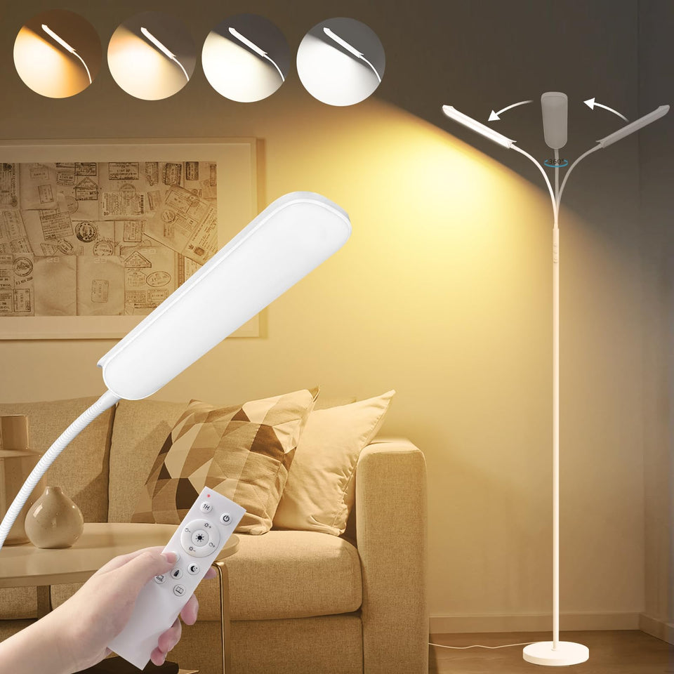 Marctronic white floor lamp turned on in living room, boosting ambience and coverage.