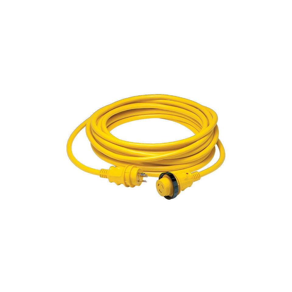 Marinco 30A 125V cordset with weatherproof design, durable marine-grade cable for shore power at docks.