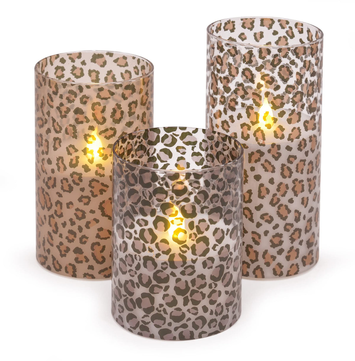 Mark Feldstein leopard-print flameless pillar 4-inch glows safely without flame