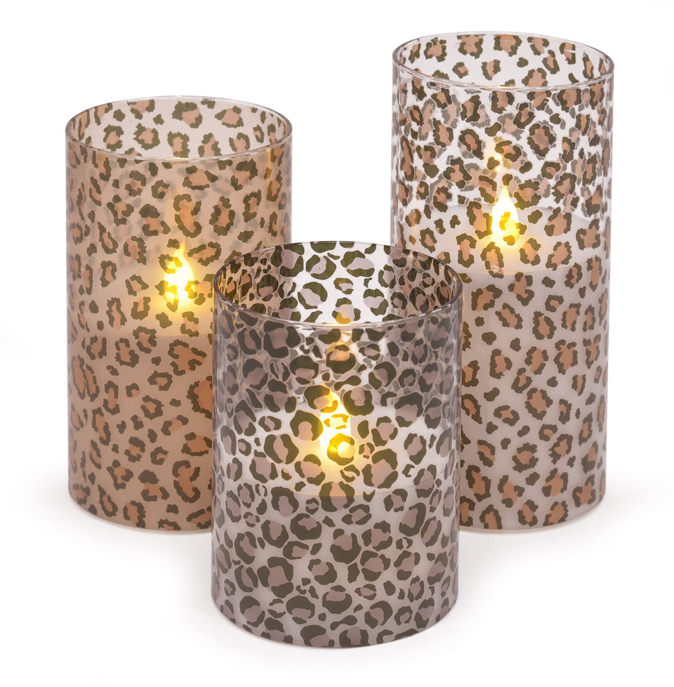 Mark Feldstein leopard-print flameless pillar 4-inch glows safely without flame
