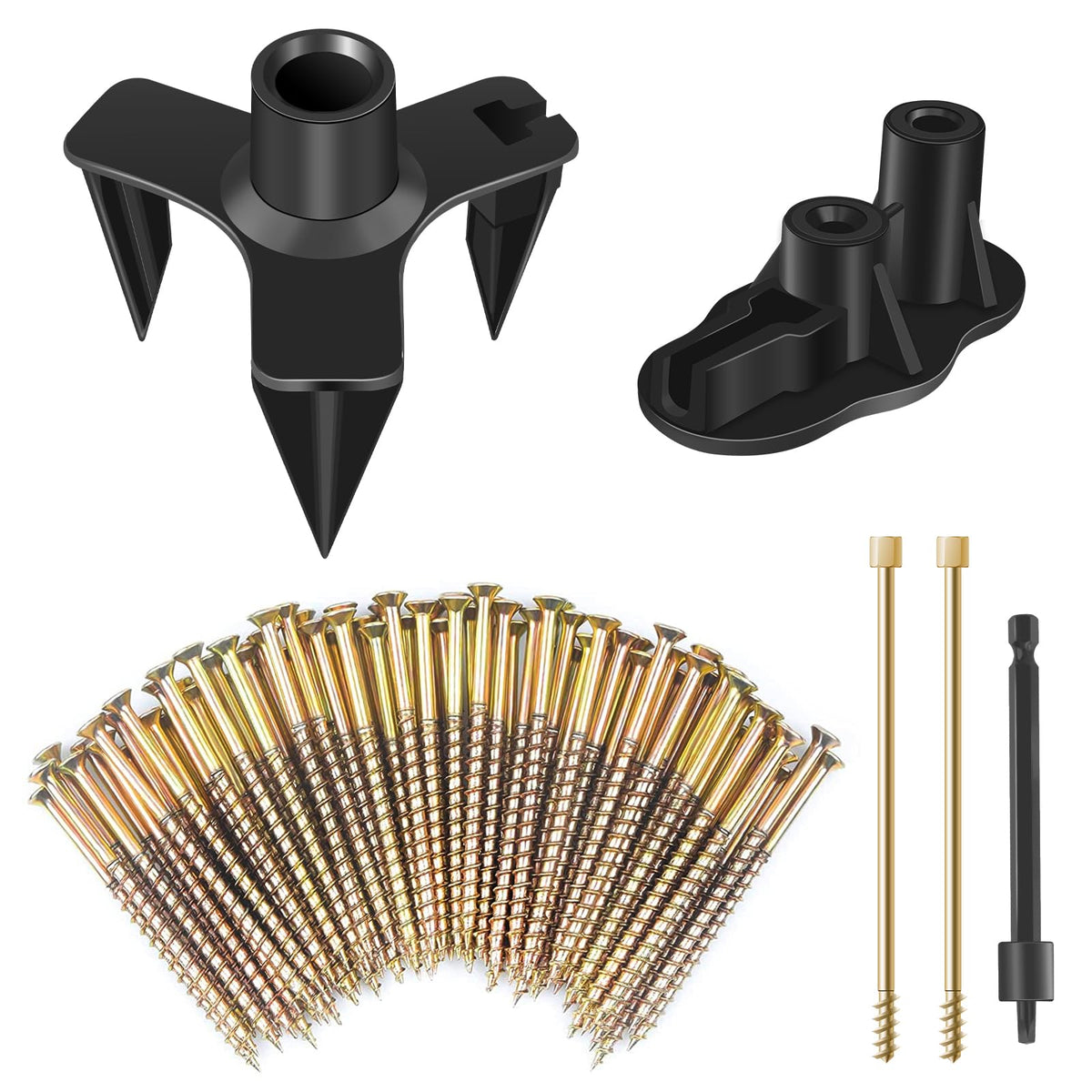 Marketty Squeaky Floor Repair Kit contents displayed with screws and tools for quieting floors