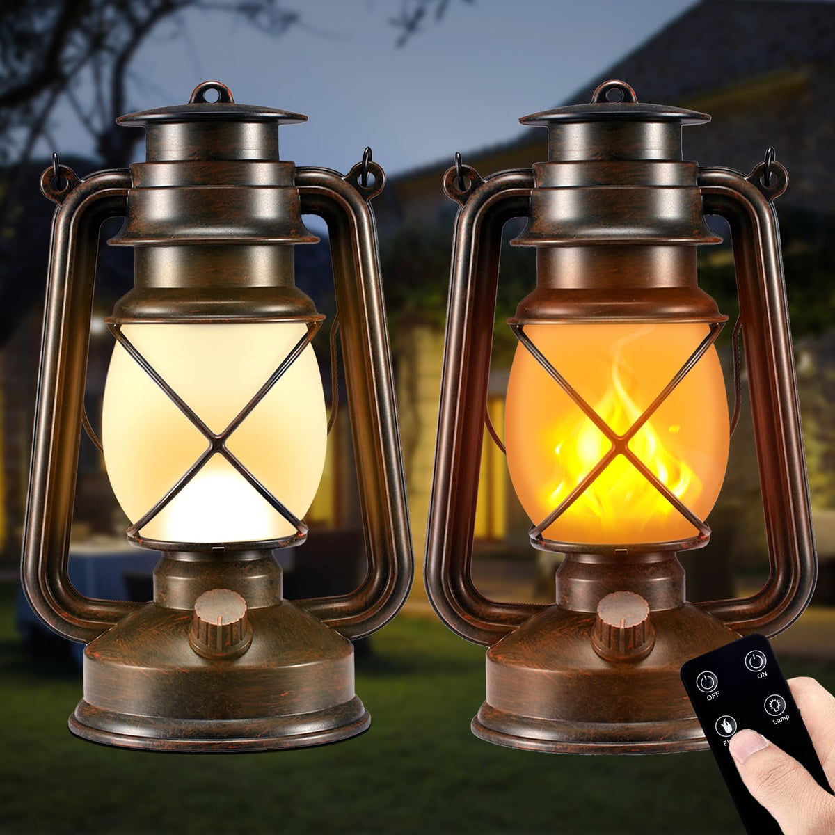 Marlrin battery-powered vintage lantern with dancing flame for outdoor decor.