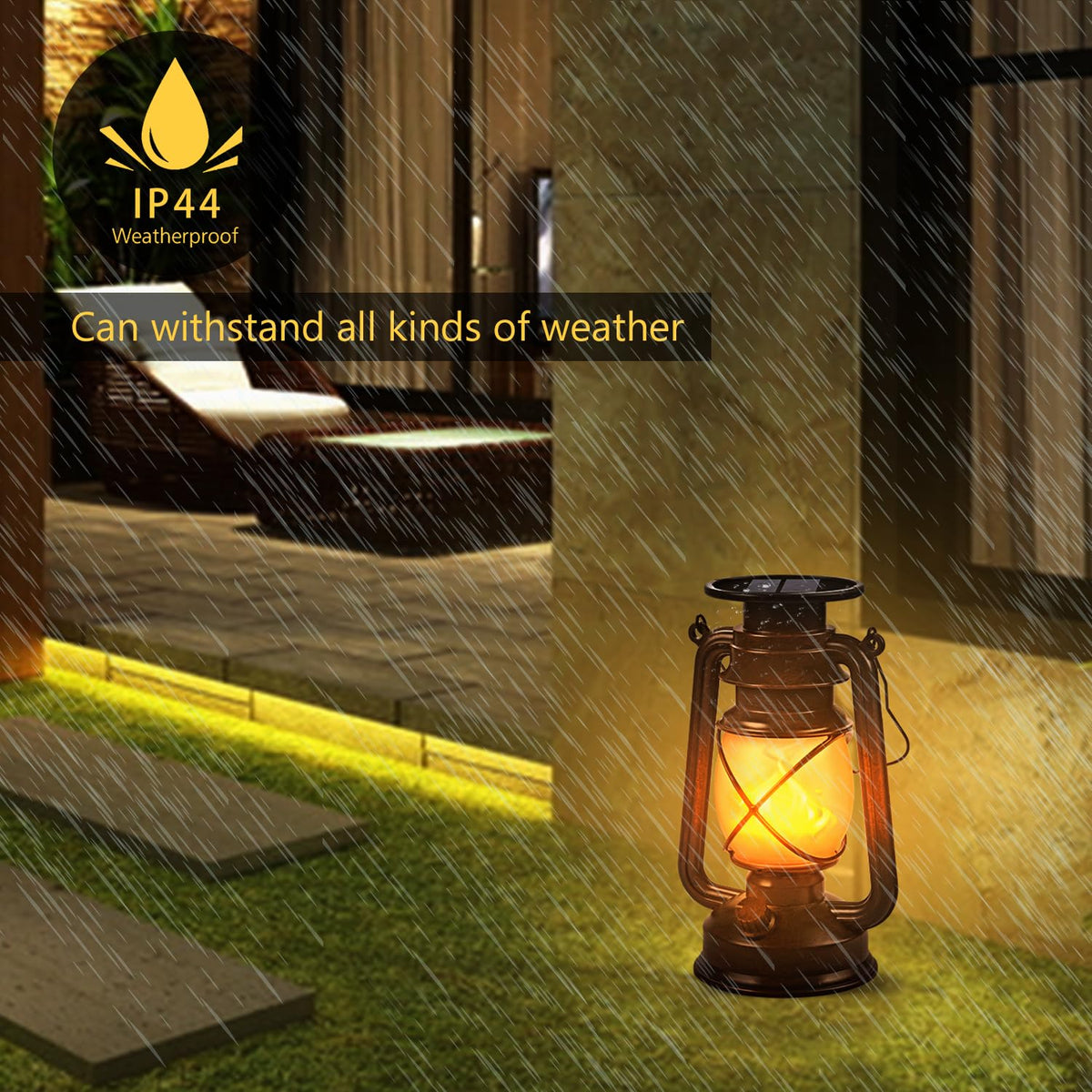 Marlrin IP44 waterproof solar lantern withstands rain, ideal for year-round outdoor use.