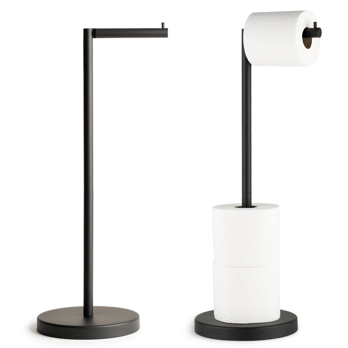 Marmolux Acc free standing toilet paper holder demonstrating four-roll capacity for easy bathroom access