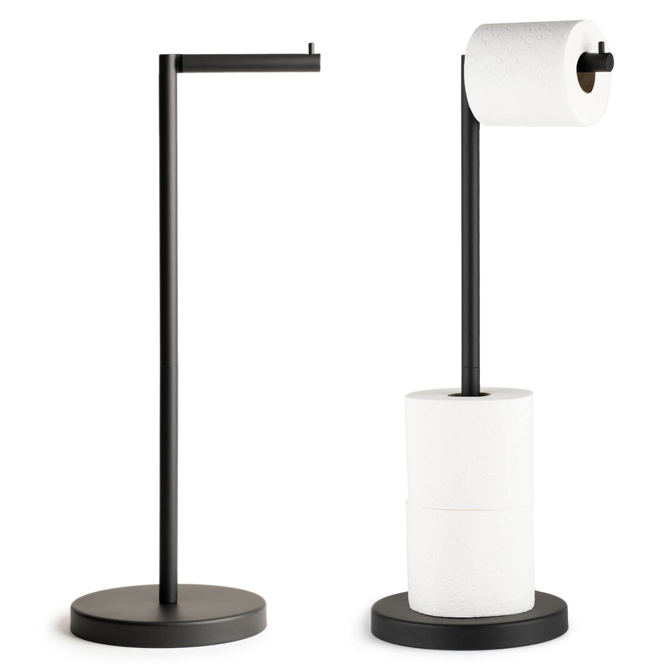 Marmolux Acc free standing toilet paper holder demonstrating four-roll capacity for easy bathroom access