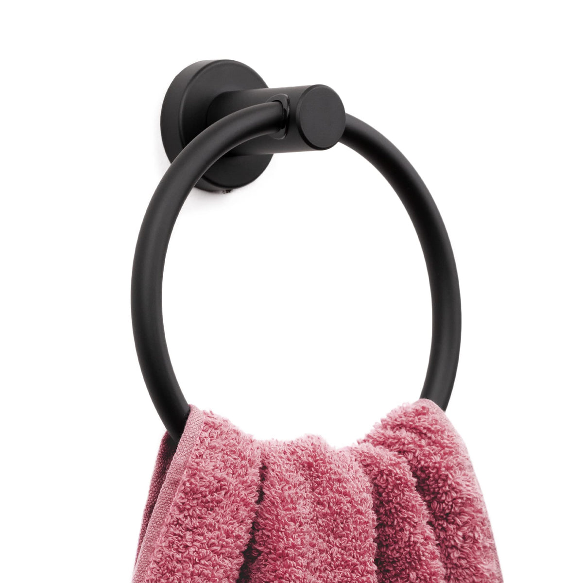 Marmolux ACC matte black towel ring front view for sleek bathroom organization.