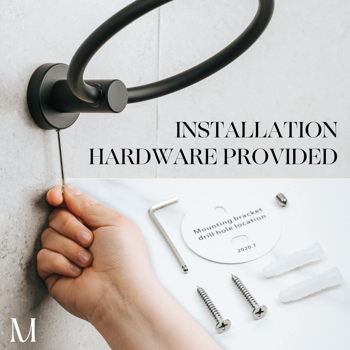 Wall bracket and fixings included with Marmolux ACC towel ring.