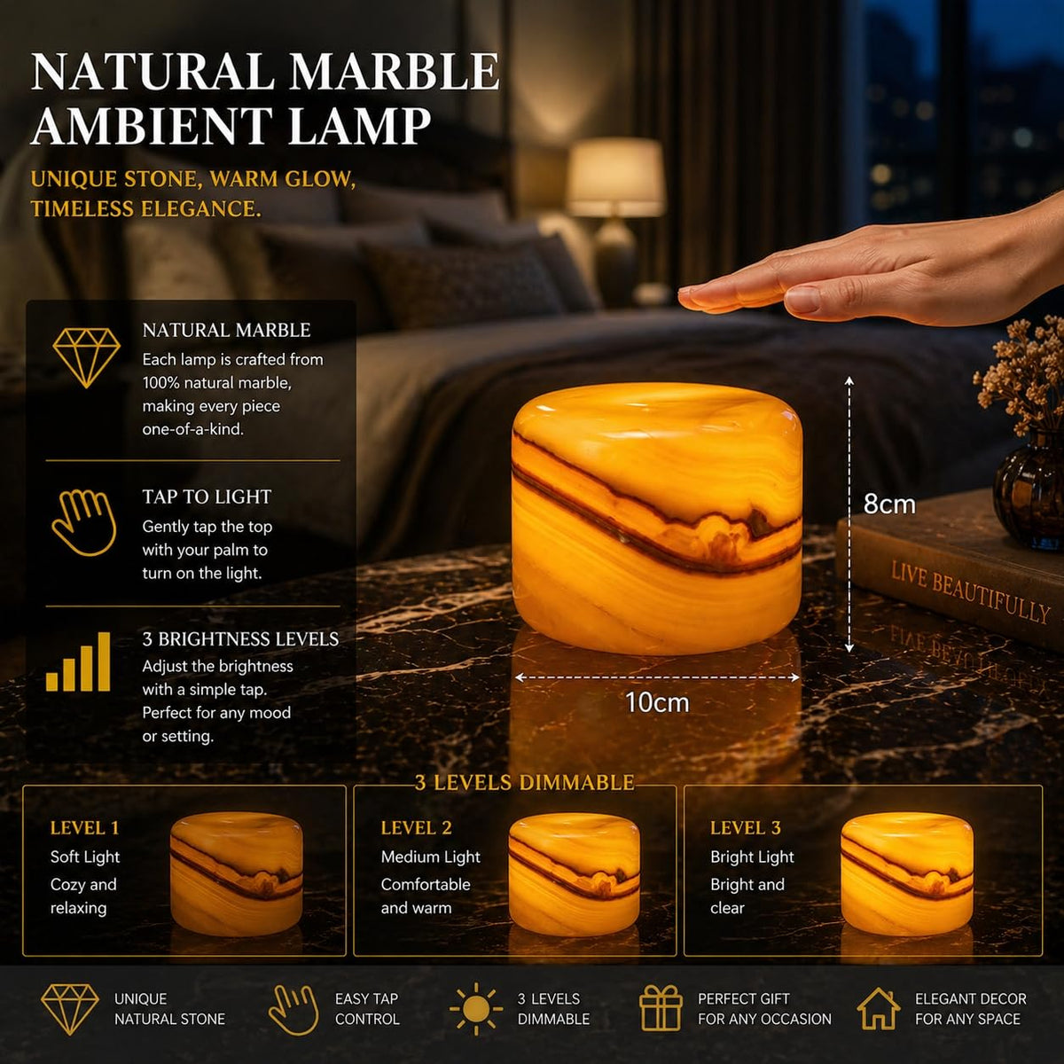 Marmor Marble Lamp shows dimmable LED for adjustable mood lighting.