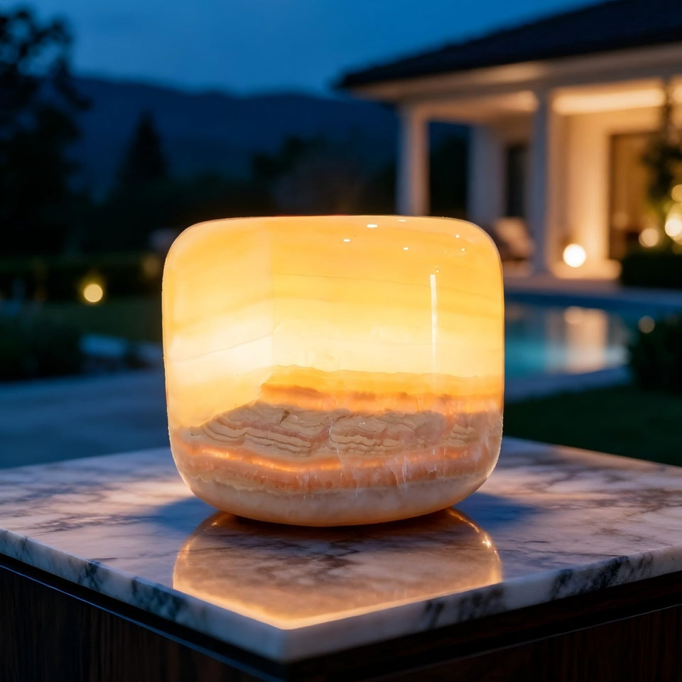 Marmor Marble Lamp on a bedside table with touch control for calming bedtime ambience.