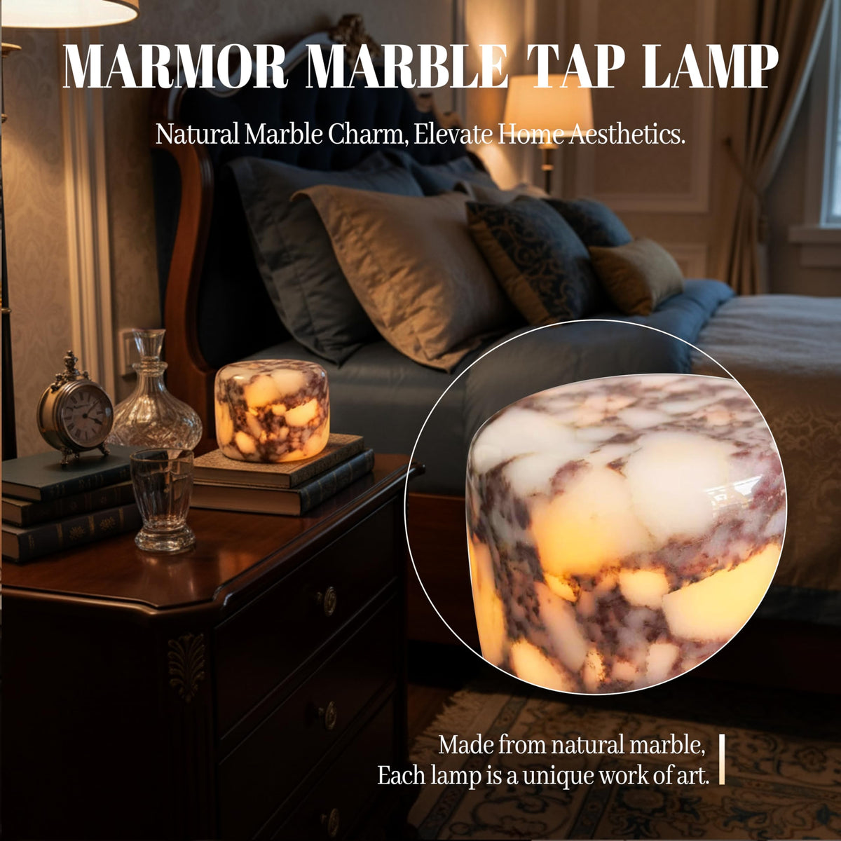 Marmon marble lamp table side view glowing softly for bedtime ambiance.