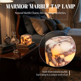 Marmon marble lamp table side view glowing softly for bedtime ambiance.