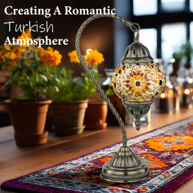 Marrakech Tiffany lamp mosaic shade emits warm multicolor glow
