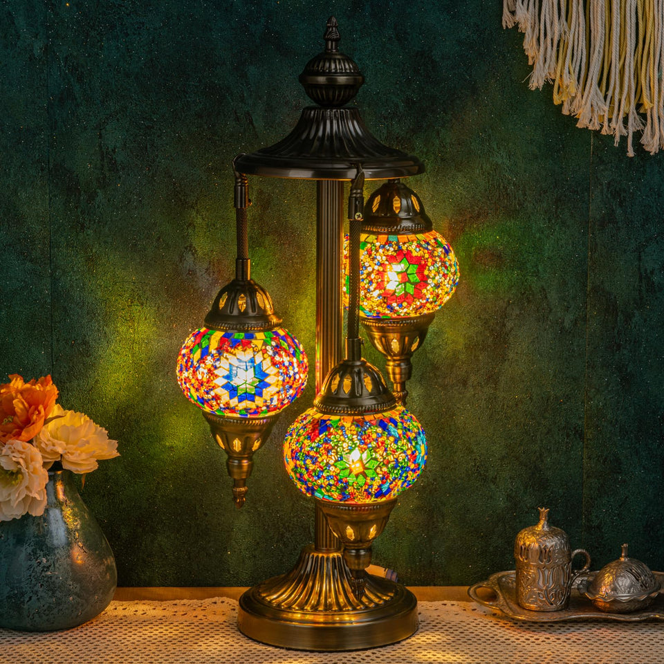 Marrakech Turkish Lamp three colorful mosaic glass globes casting warm glow