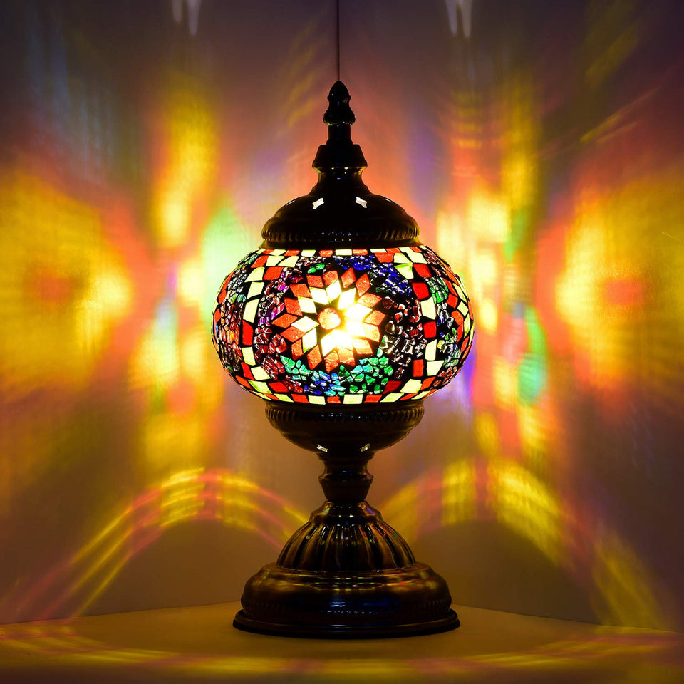 Marrakech Turkish Lamp with mosaic glass shards brightens living rooms with warm, colorful ambiance.