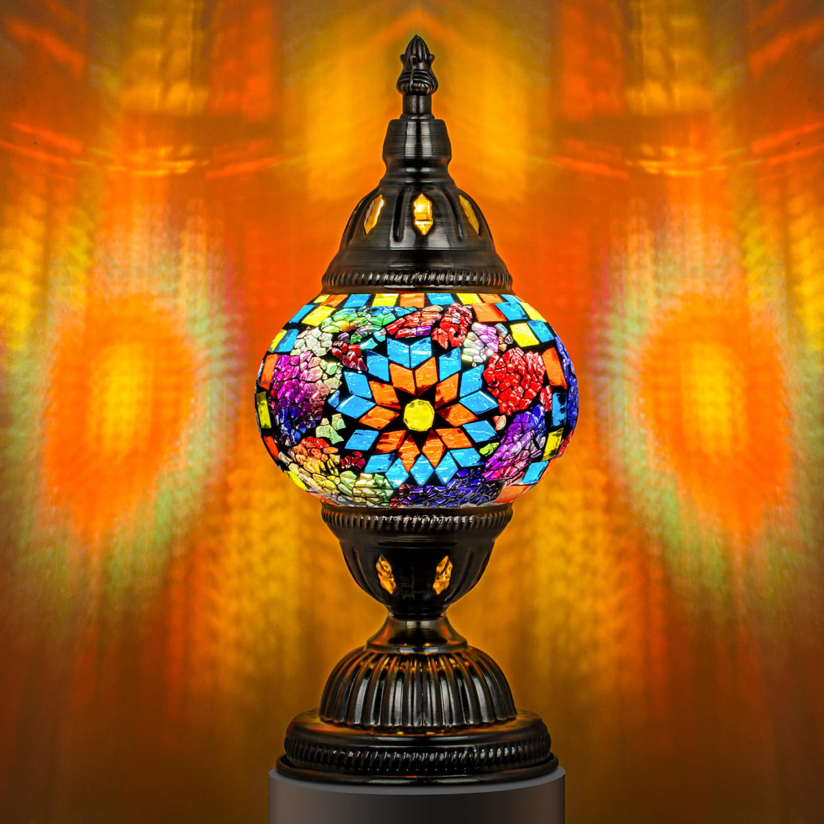Marrakech Turkish table lamp with bronze base showcases colorful mosaic glass for warm ambience.