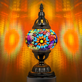 Marrakech Turkish table lamp with bronze base showcases colorful mosaic glass for warm ambience.
