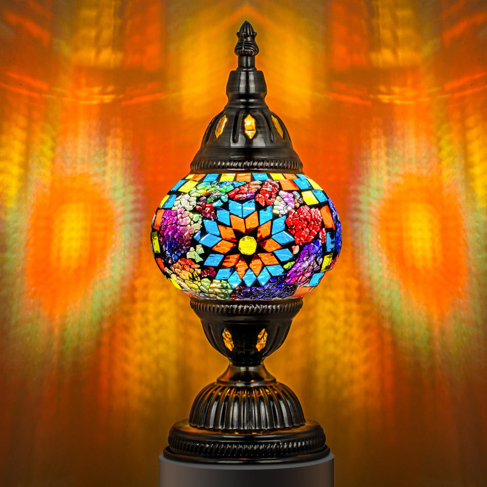 Marrakech Turkish table lamp with bronze base showcases colorful mosaic glass for warm ambience.