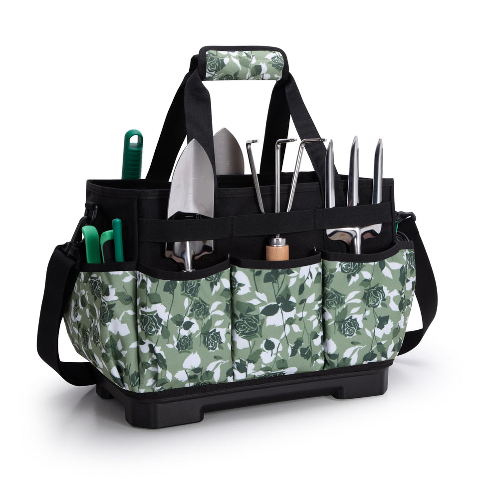 Marscamd garden tool bag with hard bottom showing upright, dry contents and rugged exterior