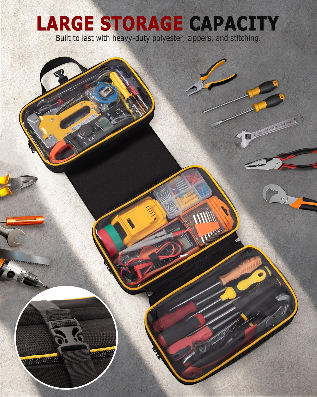 Marscamd roll up tool bag open-flat tri-fold shows organized access with flat layout