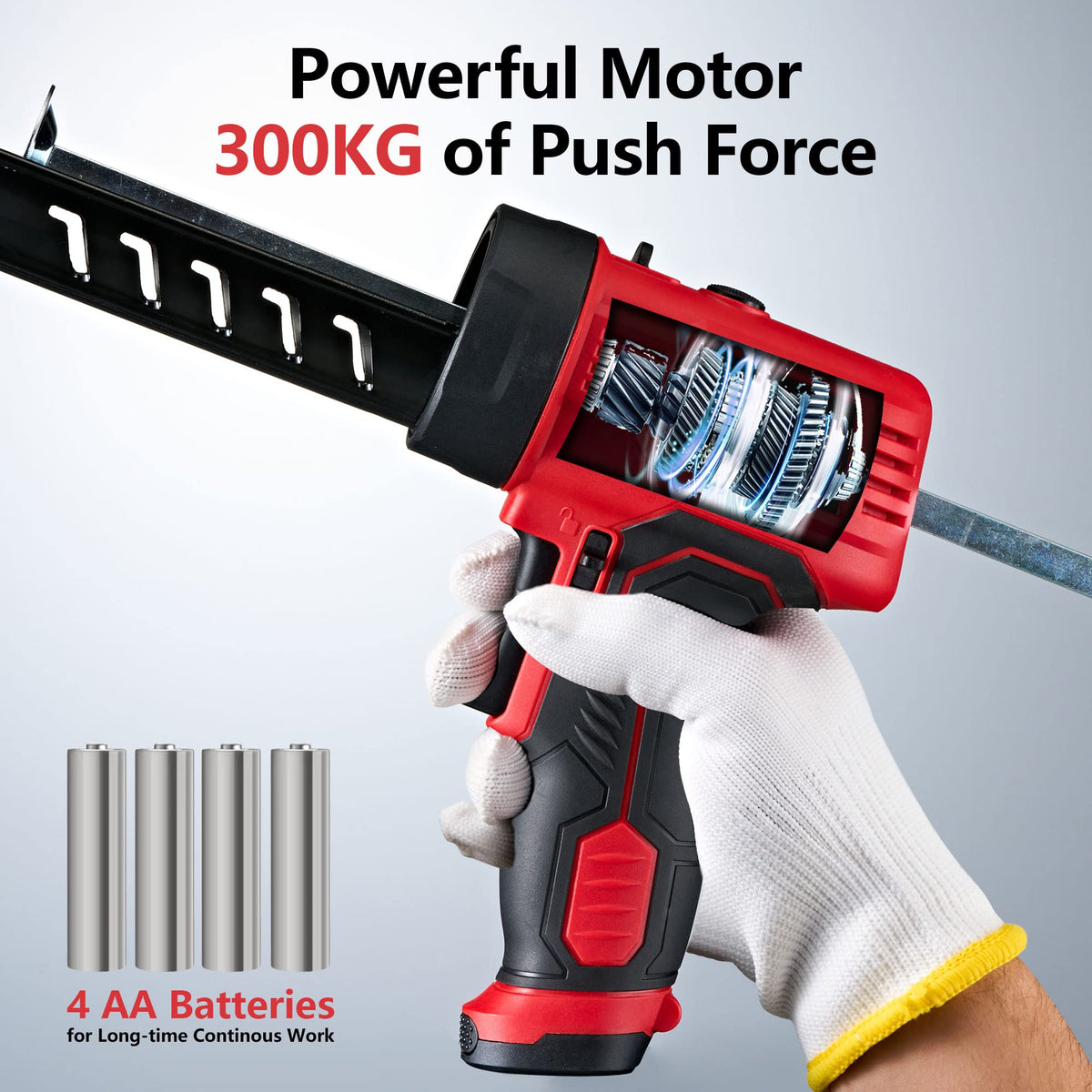MARSOSAUR Caulk Gun thrust detail highlights powerful 300 kg thrust for tough joints.