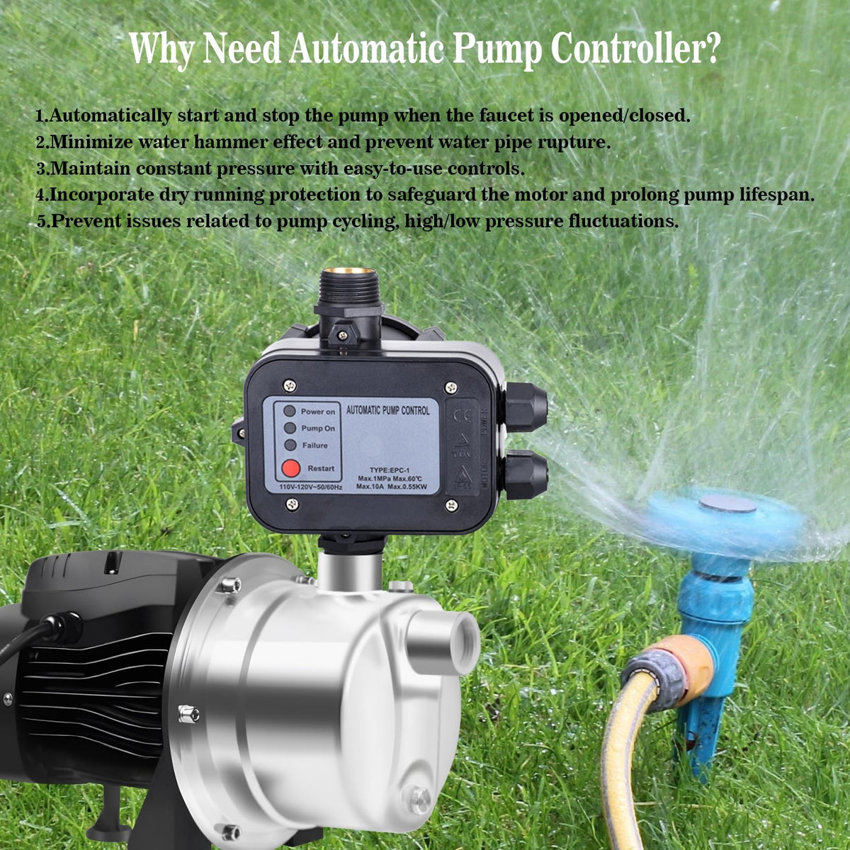 MARSTEK IP65 in-use pump with automatic control for consistent water pressure.