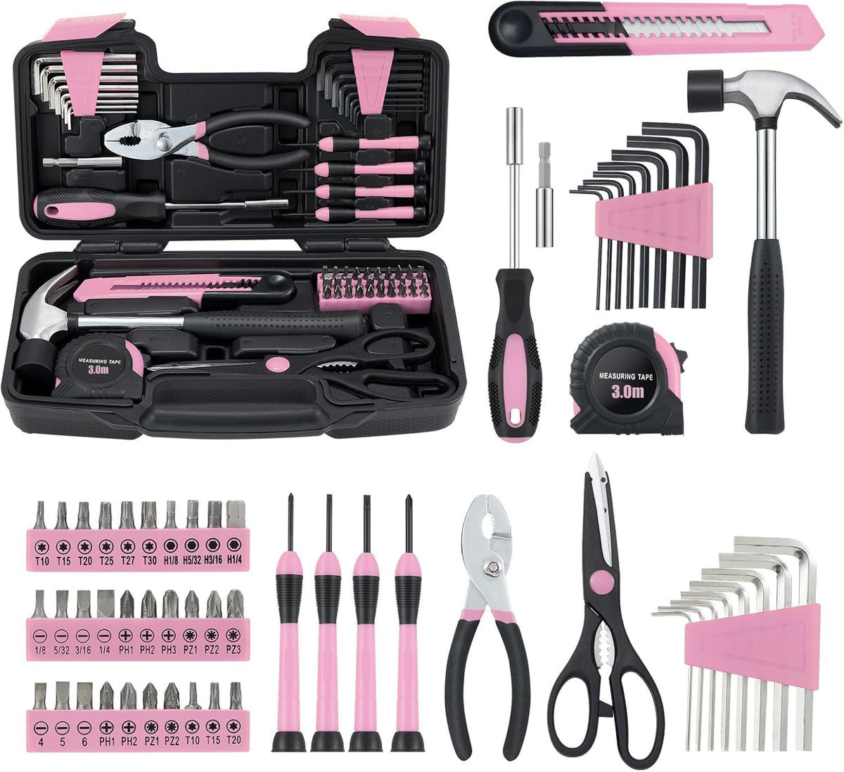 MARTCOLOR 58-piece tool set in pink case for quick home repairs.