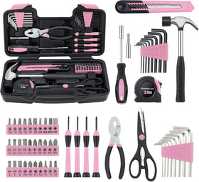 MARTCOLOR 58-piece tool set in pink case for quick home repairs.