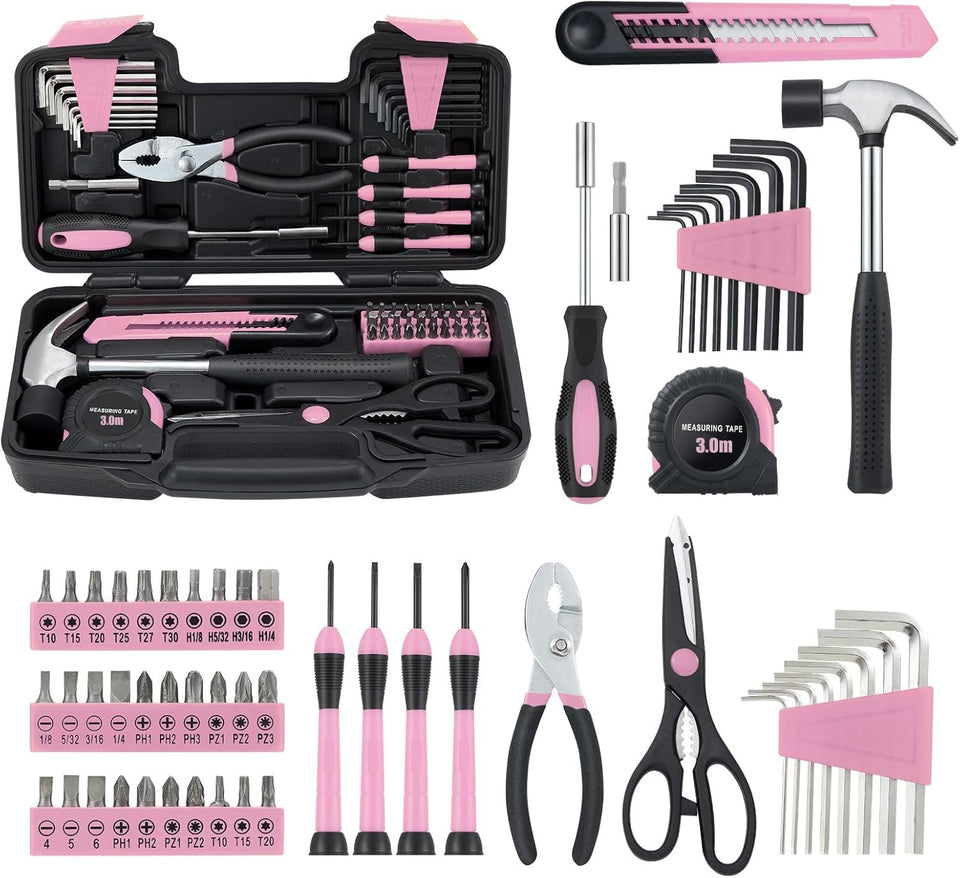 MARTCOLOR 58-piece tool set in pink case for quick home repairs.