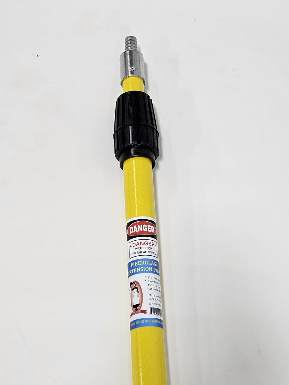 Mary Moppins 4-8ft fiberglass extension pole extended for reach and sturdiness.