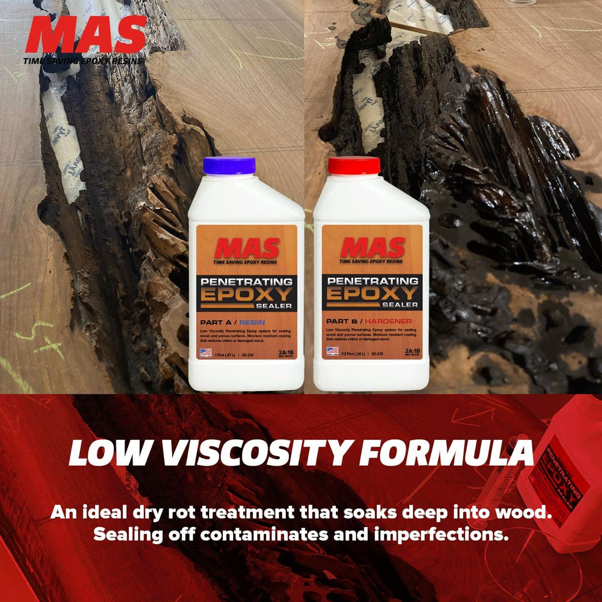 MAS Epoxies low-viscosity epoxy for wood enables easy penetration into porous surfaces