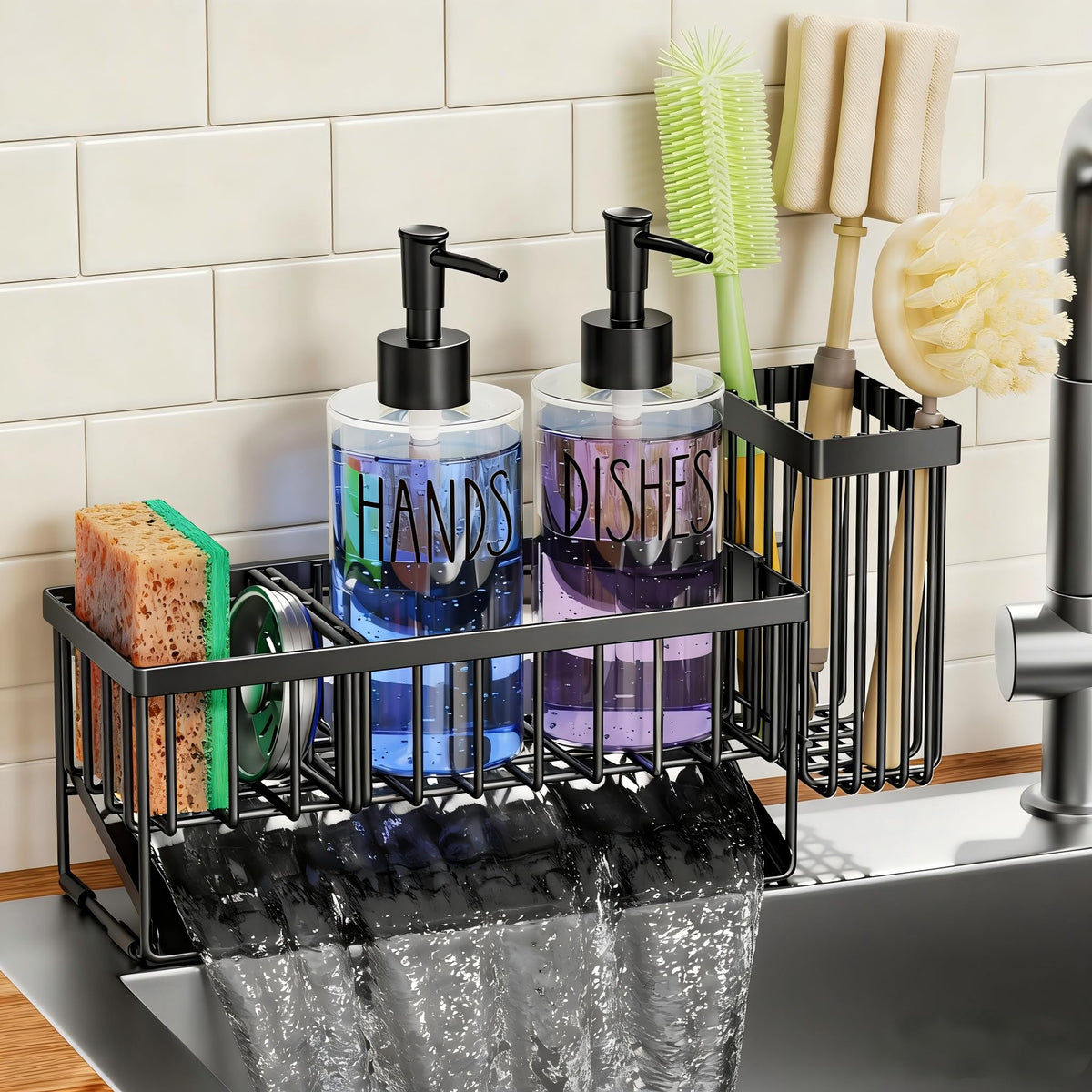 Masadi kitchen sink caddy with dish soap dispenser keeps counters neat and accessible.