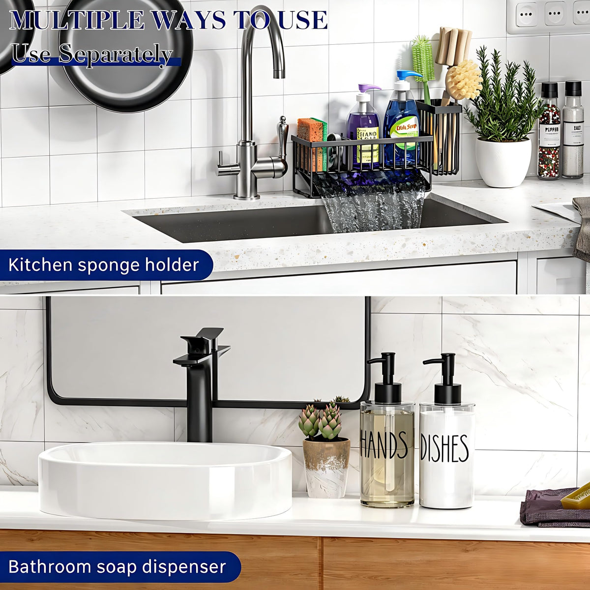 Masadi metal sink organizer with sponges keeps cleaning essentials tidy.