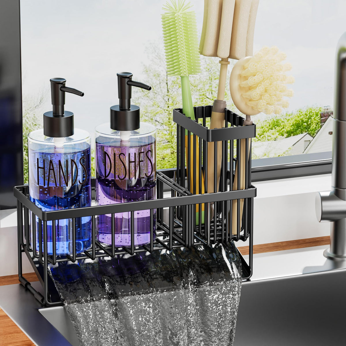 Masadi 3-compartment sink organizer keeps soap, pads, and brushes organized.