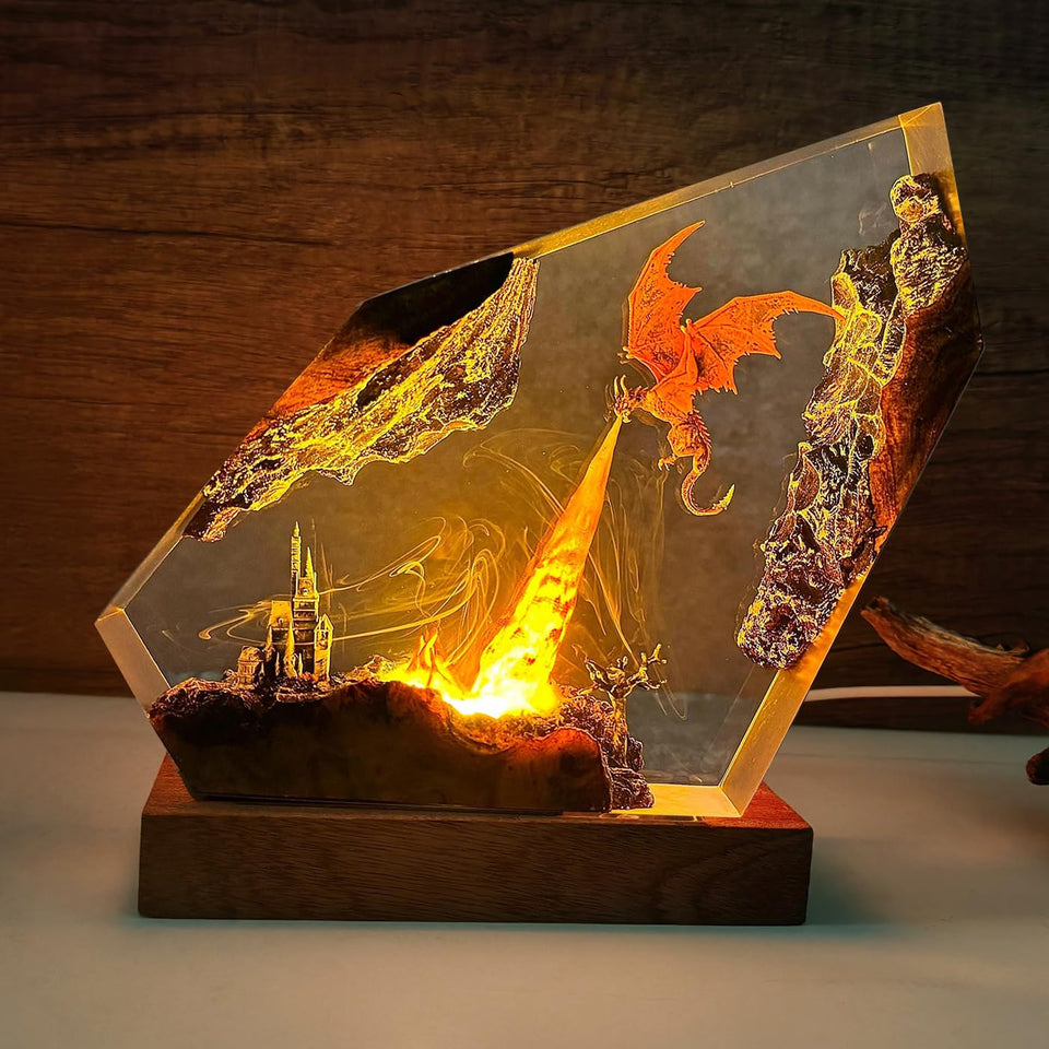 MASDEC Fire Dragon resin lamp front view with 3D illusion for cozy ambiance