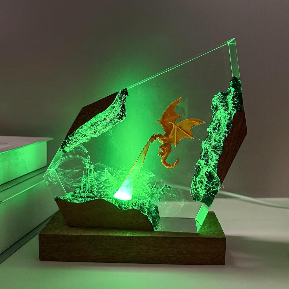 MASDEC Resin dragon lamp with natural wood base for elegant decor