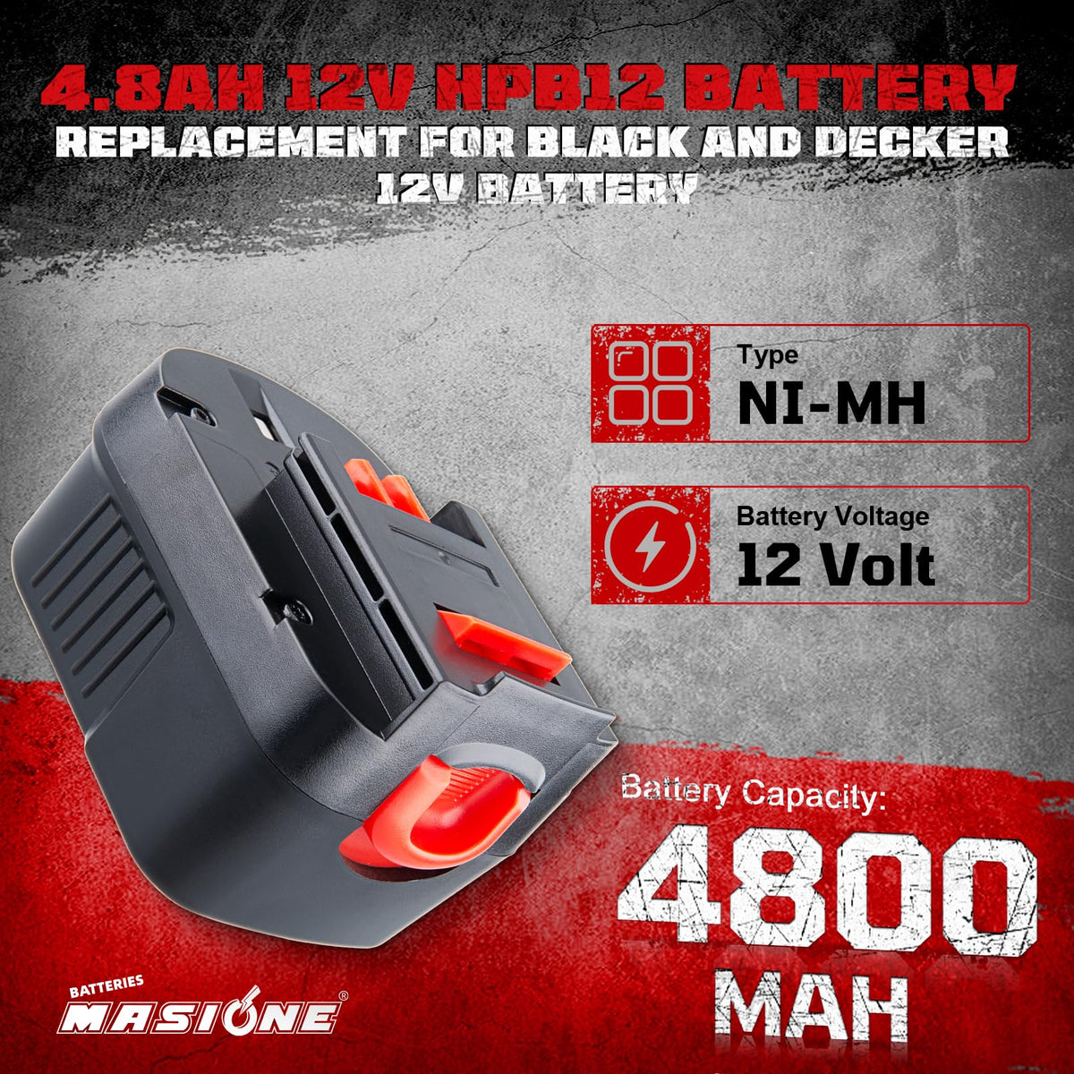 Masione 12V Ni-MH HPB12 battery offers longer life and quick swaps.
