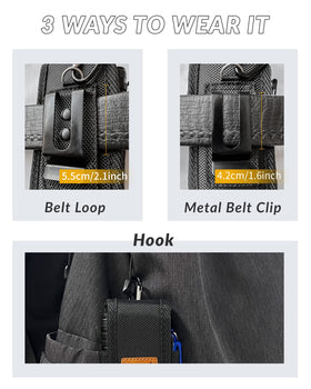 MASRIN multitool sheath attached to backpack via hook.