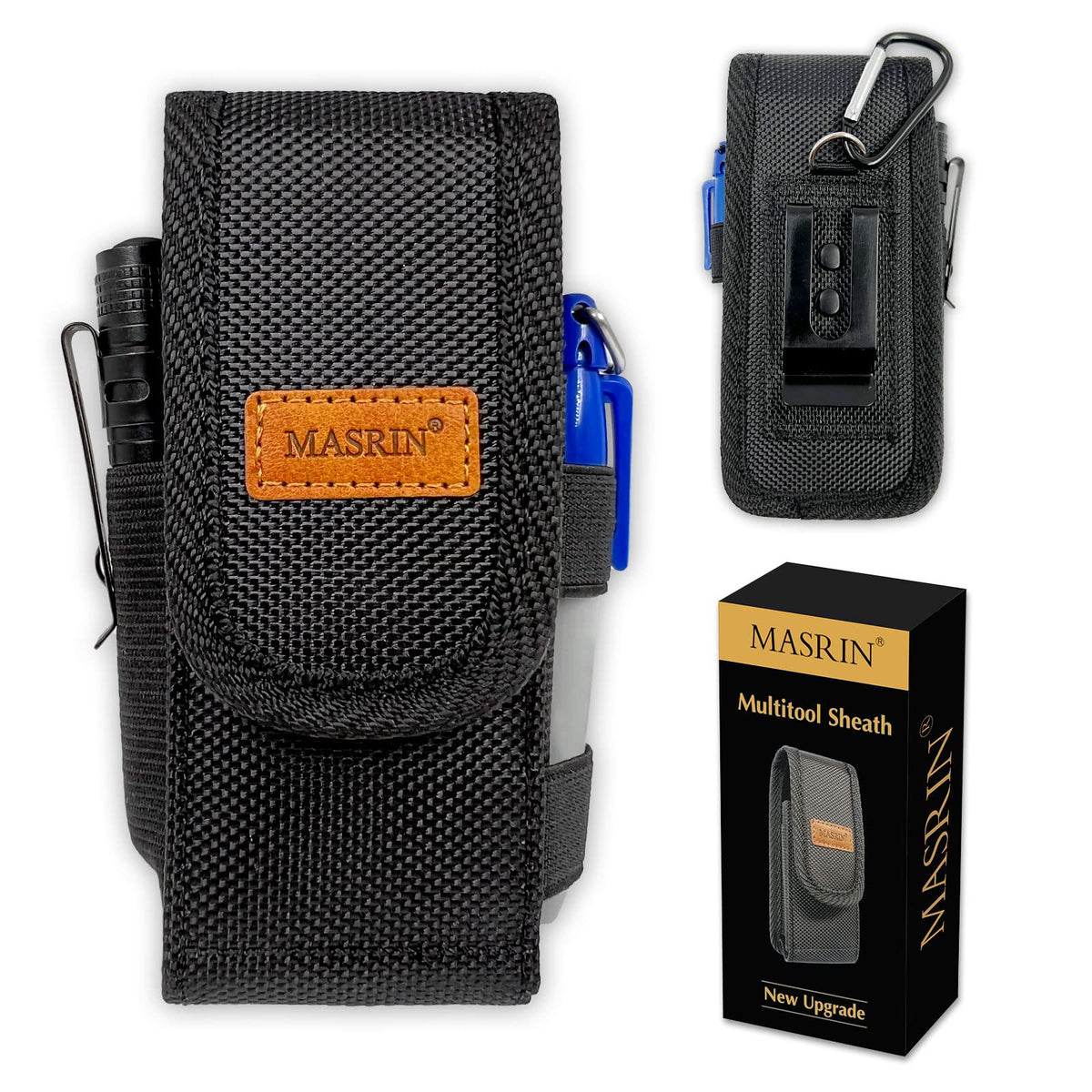 MASRIN multitool sheath close-up showing secure buckle closure.