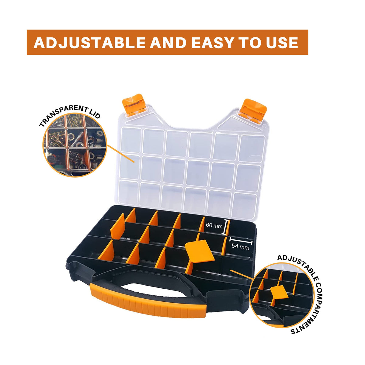 Massca hardware organizer showing 18 compartments for sorting nuts bolts and screws.