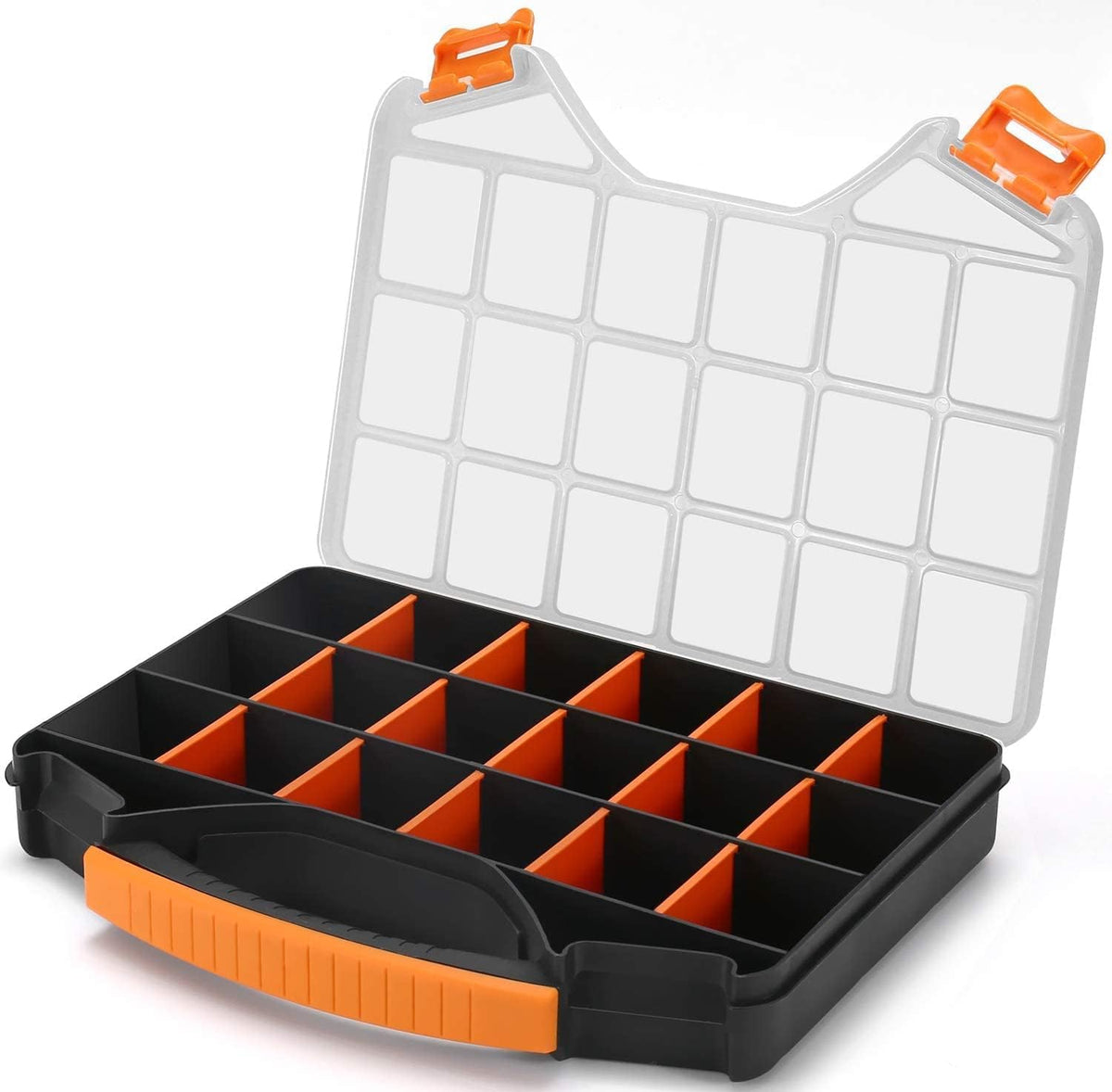 Massca hardware organizer box with transparent lid for quick part identification.