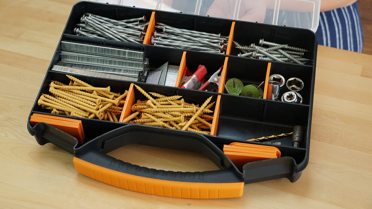 Massca hardware organizer durable plastic construction for tough workshop use.