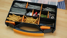 Massca hardware organizer durable plastic construction for tough workshop use.
