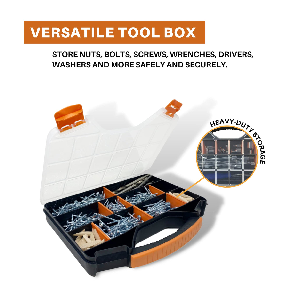 Massca hardware organizer heavy-duty latches securing contents during transport.