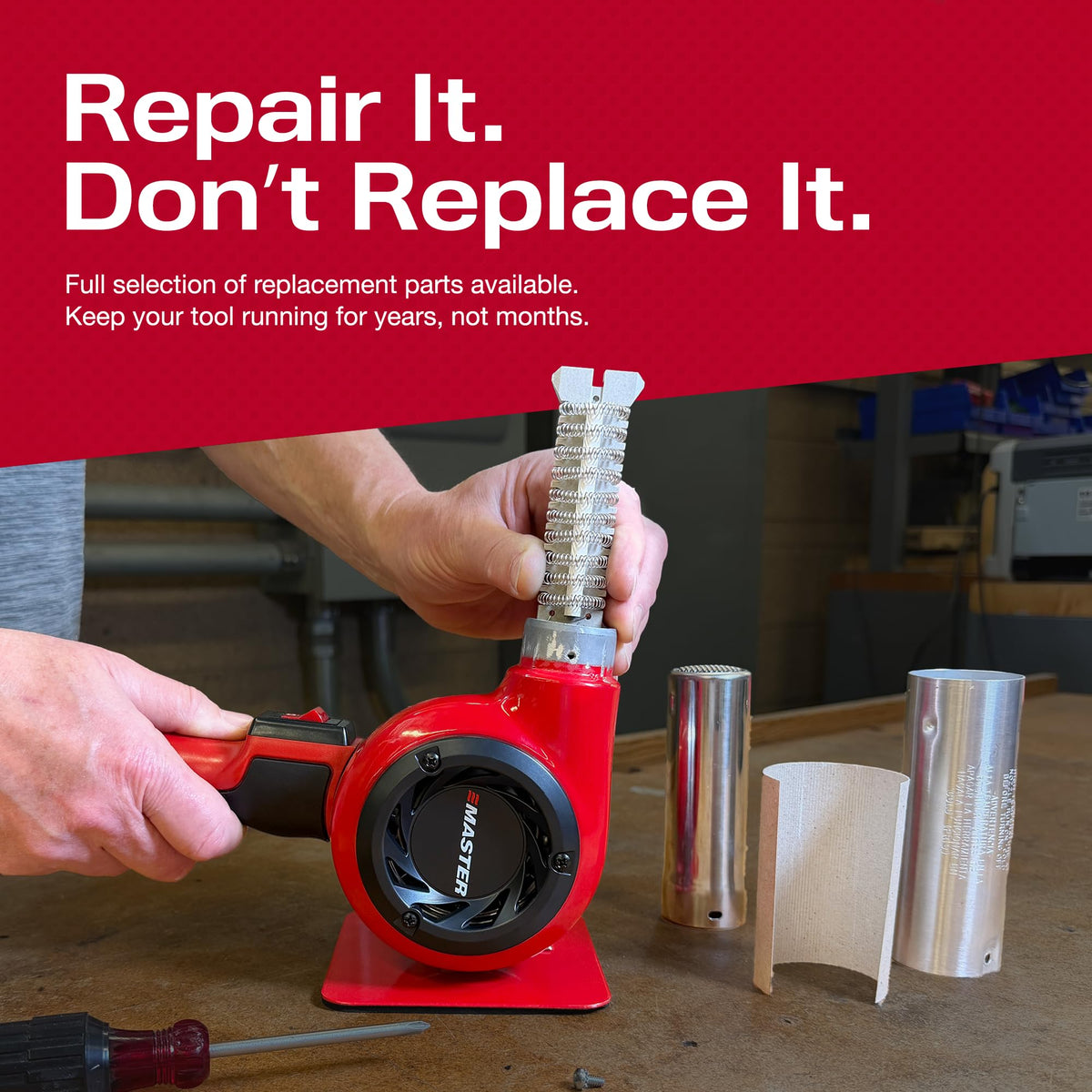 Master Appliance HG-501D adjustable stand supports 45–90° hands-free operation.